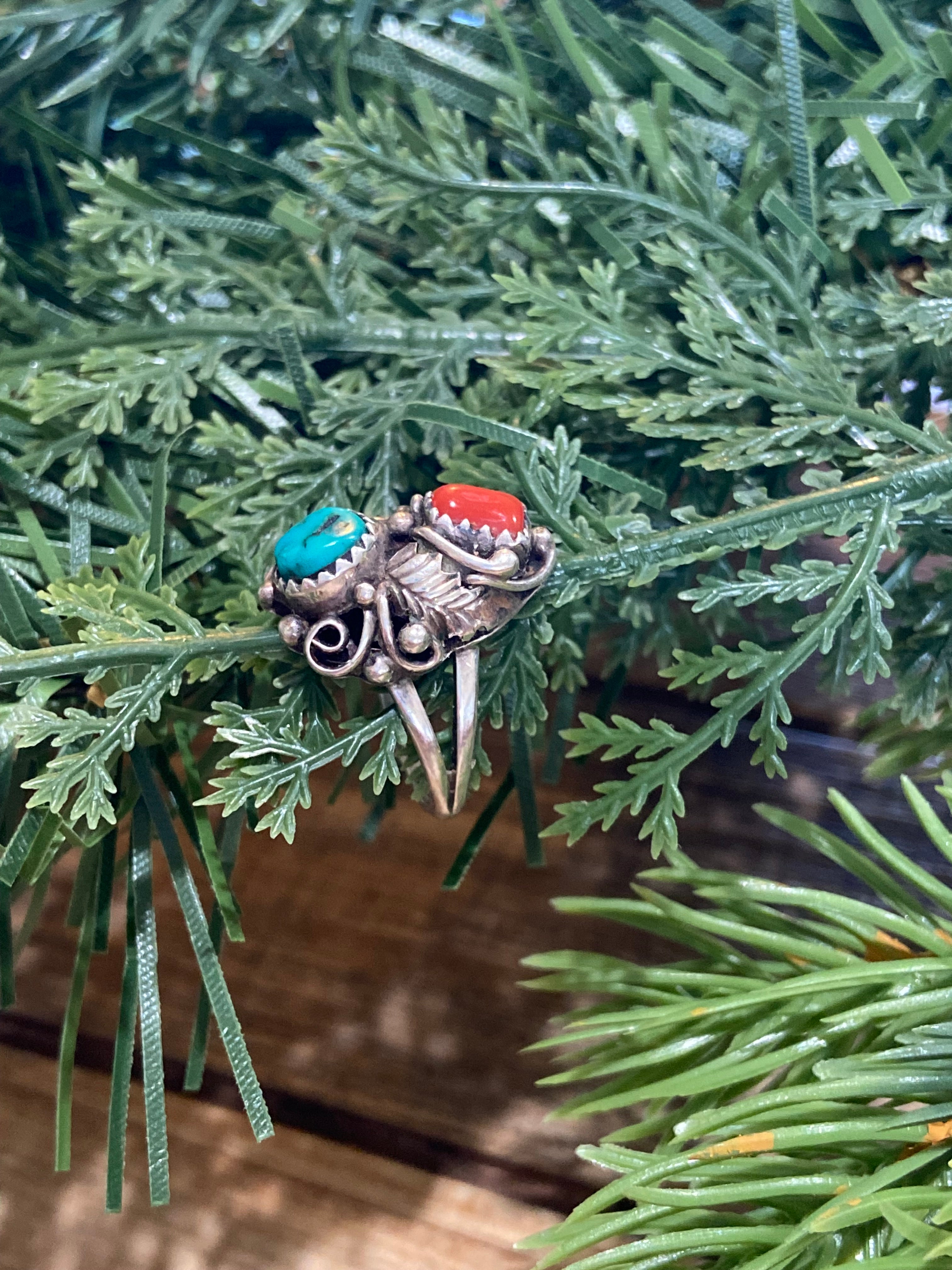 Turquoise & Coral  Feather Ring