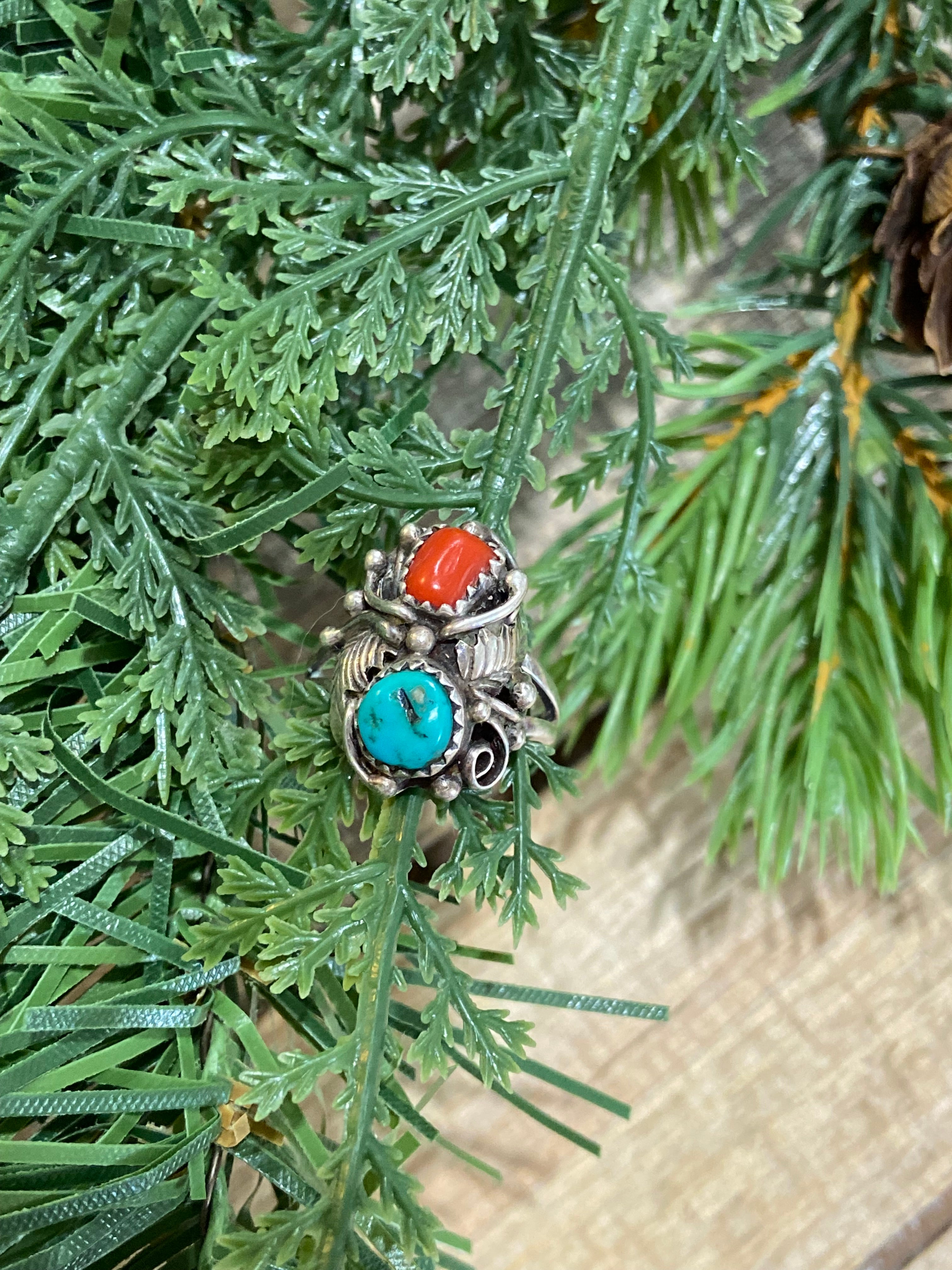 Turquoise & Coral  Feather Ring