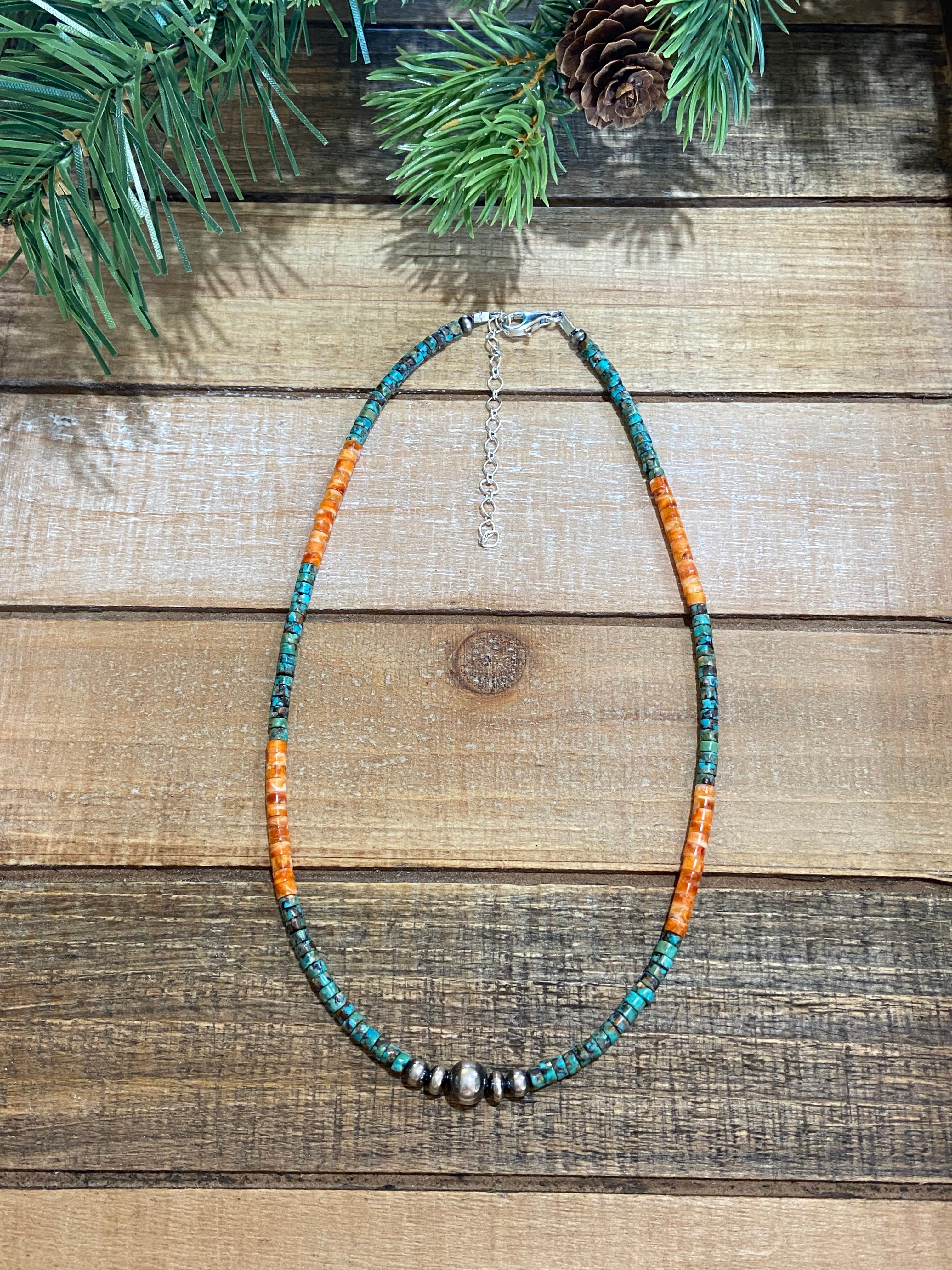 Turquoise/Orange Spiny Oyster Heishi & Sterling Silver Beaded Necklace