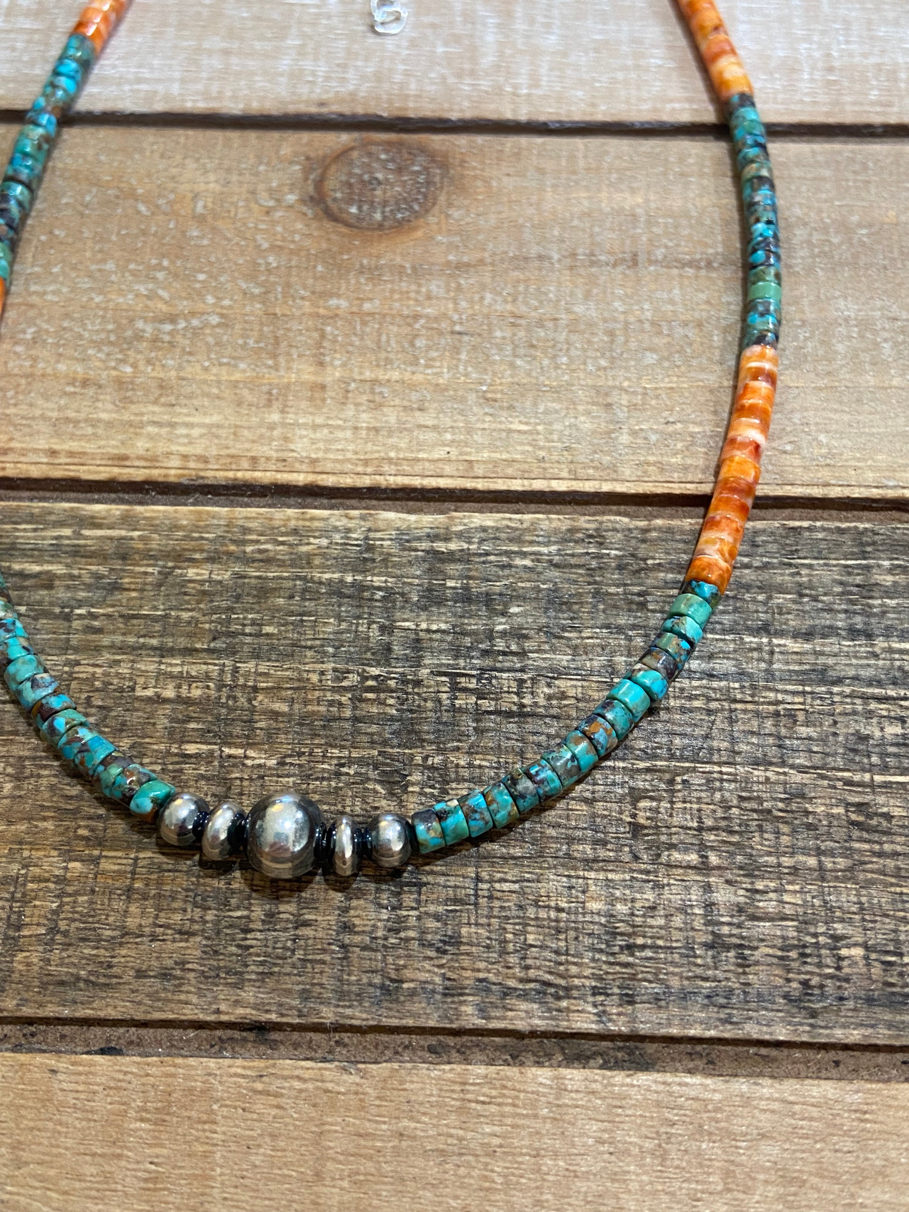 Turquoise/Orange Spiny Oyster Heishi & Sterling Silver Beaded Necklace