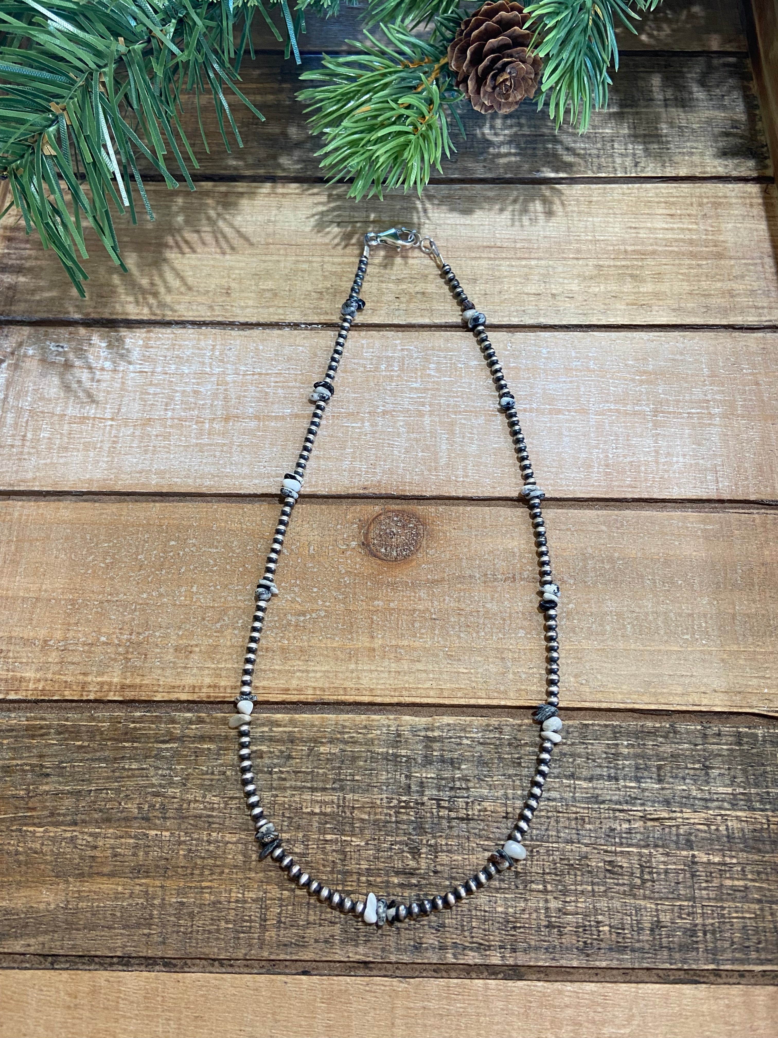 White Buffalo Chip & Sterling Silver Beaded Necklace
