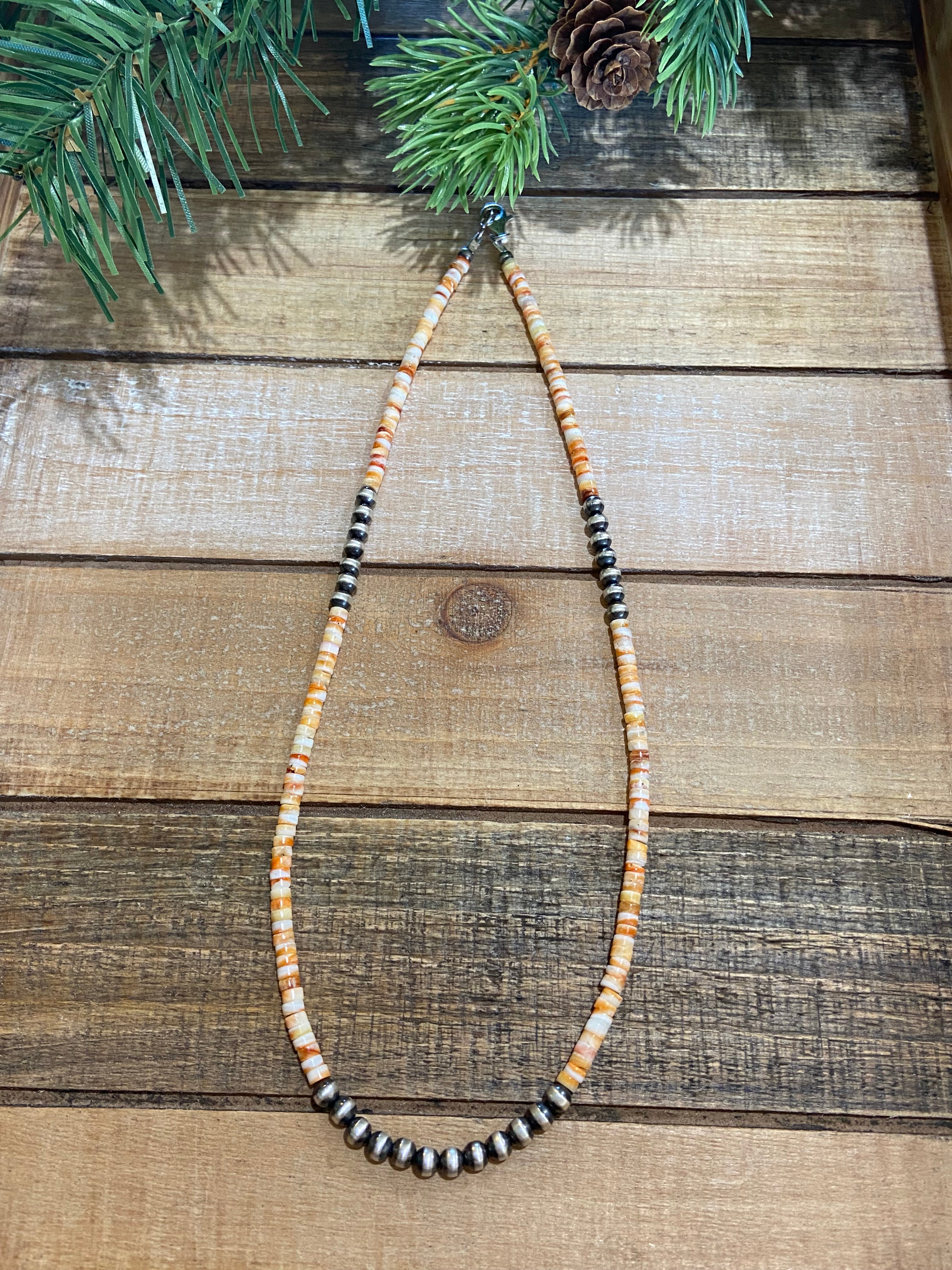 Orange Spiny Oyster & Sterling Silver Beaded Necklace