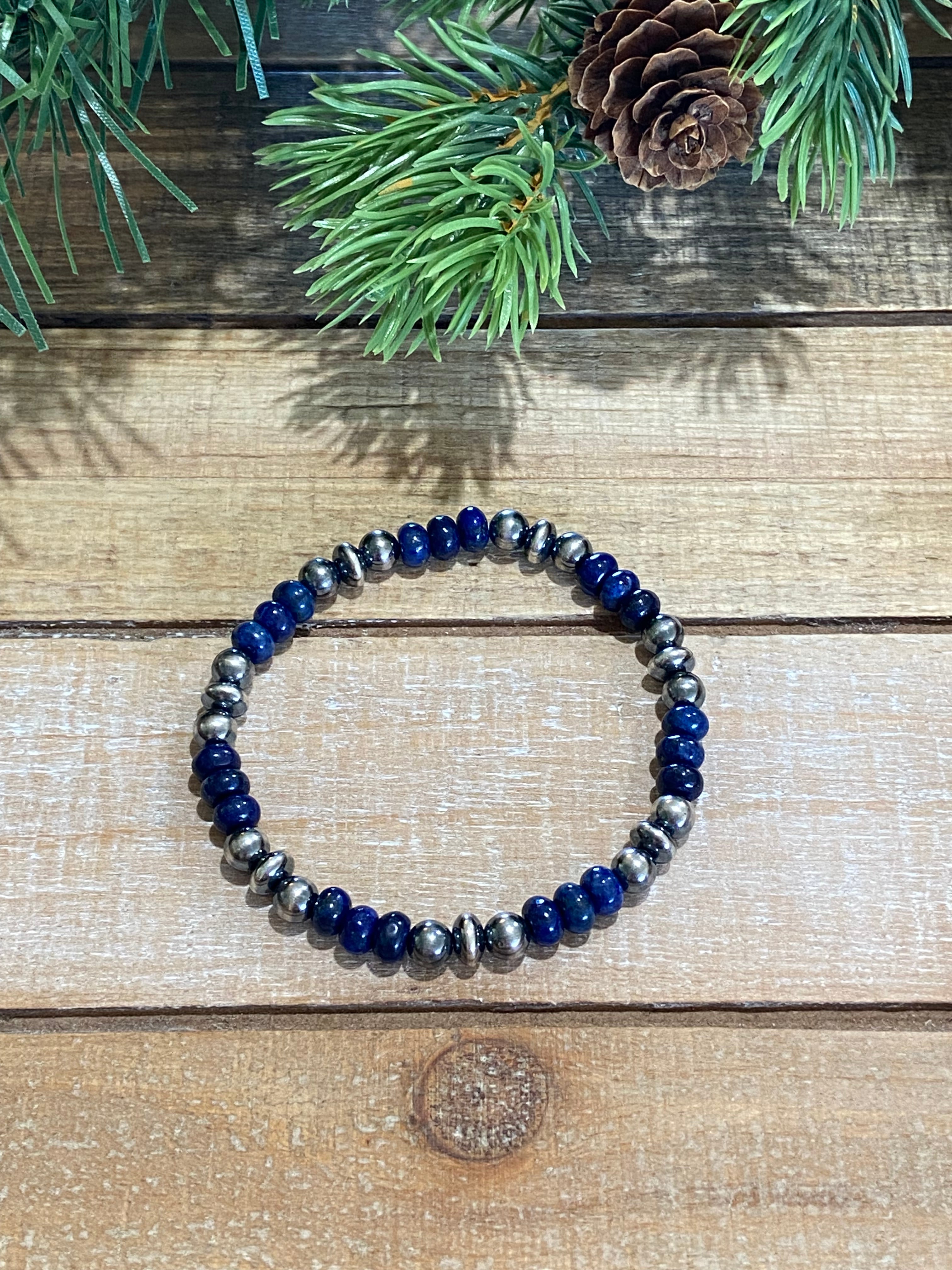 Lapis & Sterling Silver Beaded Stretch Bracelet
