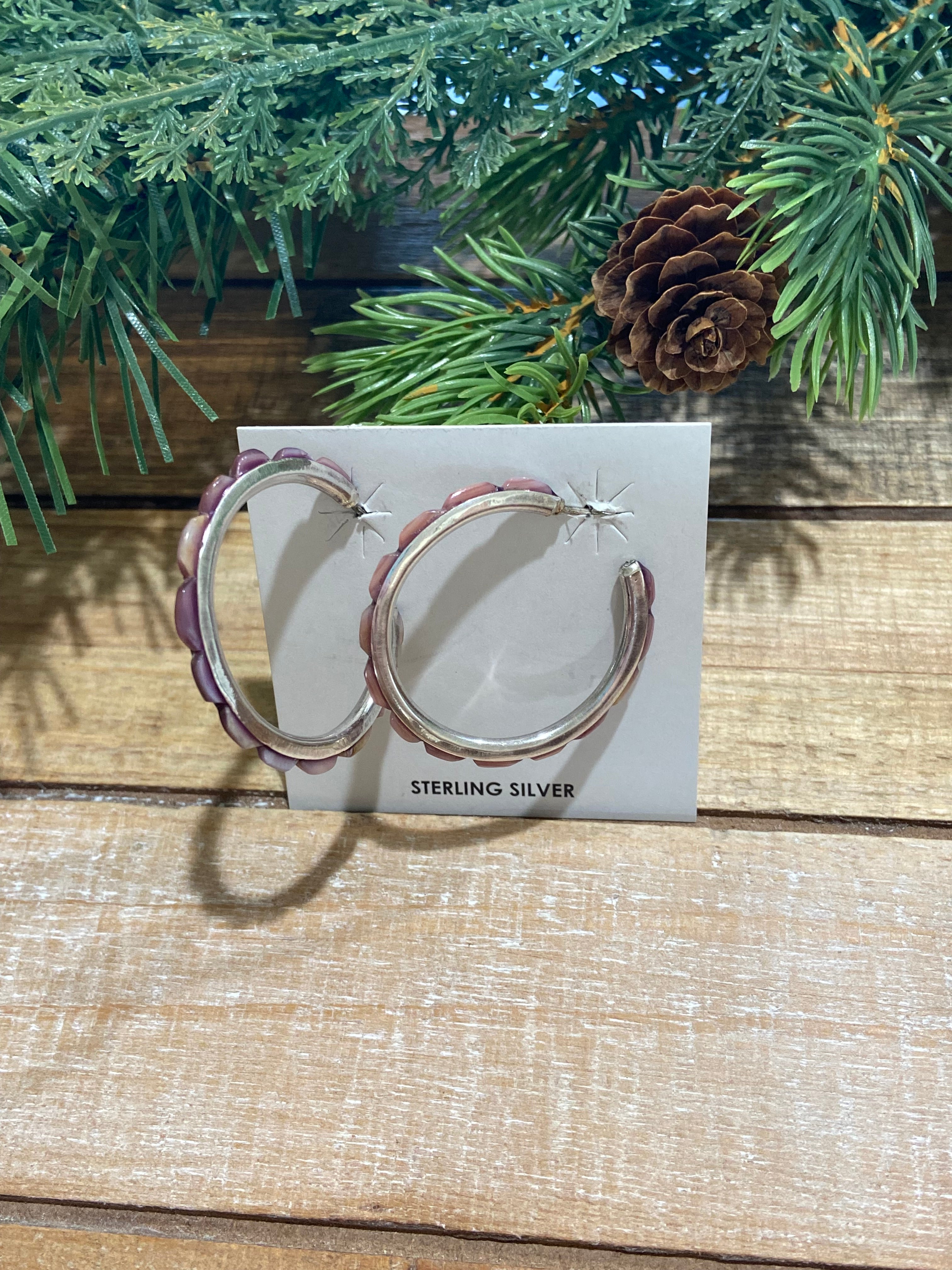 Purple Spiny Oyster Cobblestone Inlay Hoop Earrings