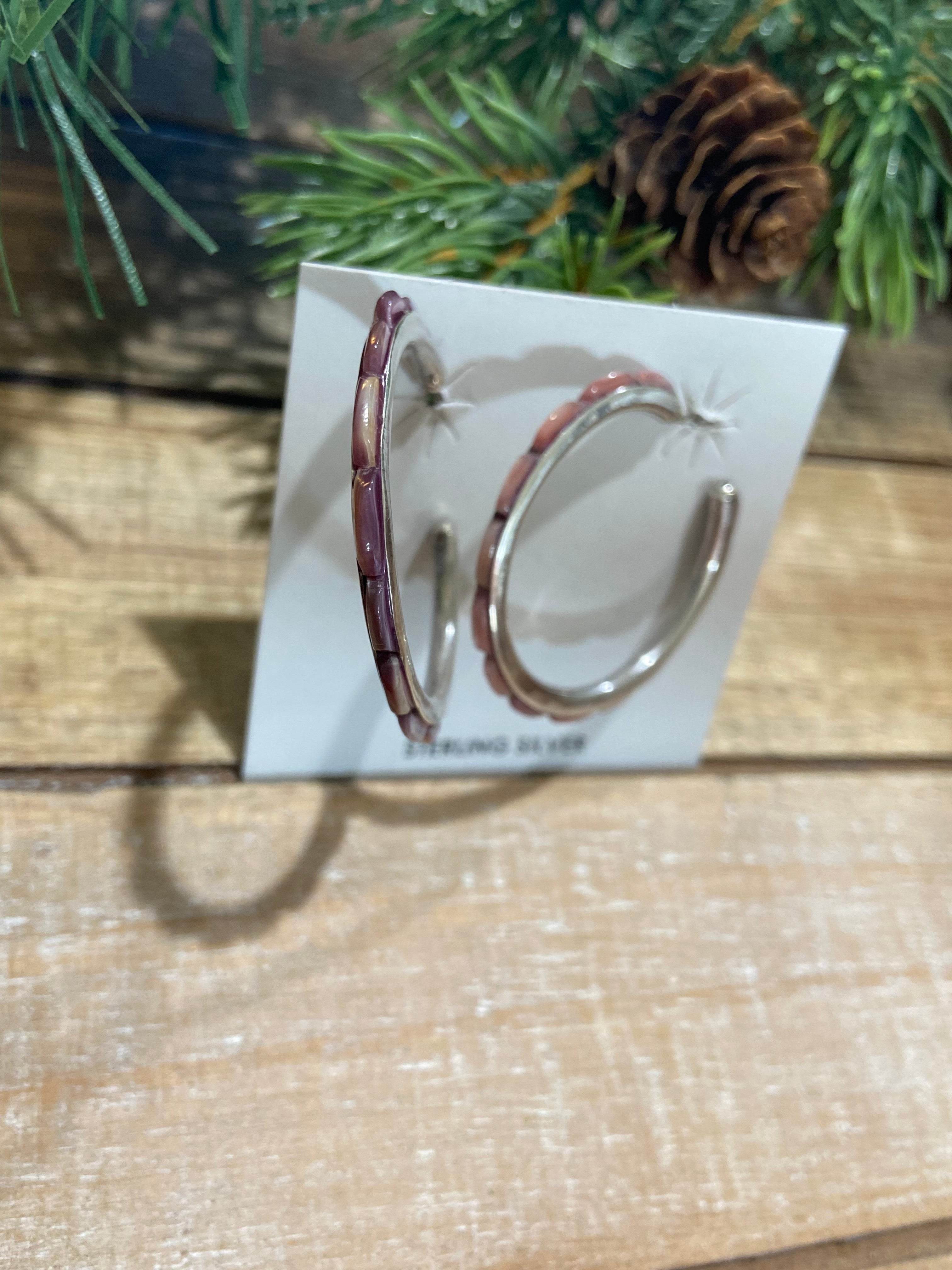 Purple Spiny Oyster Cobblestone Inlay Hoop Earrings