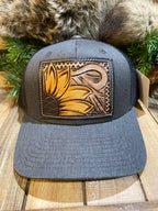 "Sunflower" Hand Tooled Leather Patch Cap
