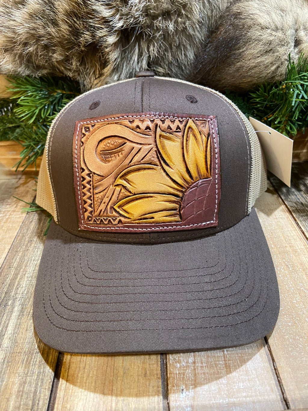 "Sunflower" Hand Tooled Leather Patch Cap