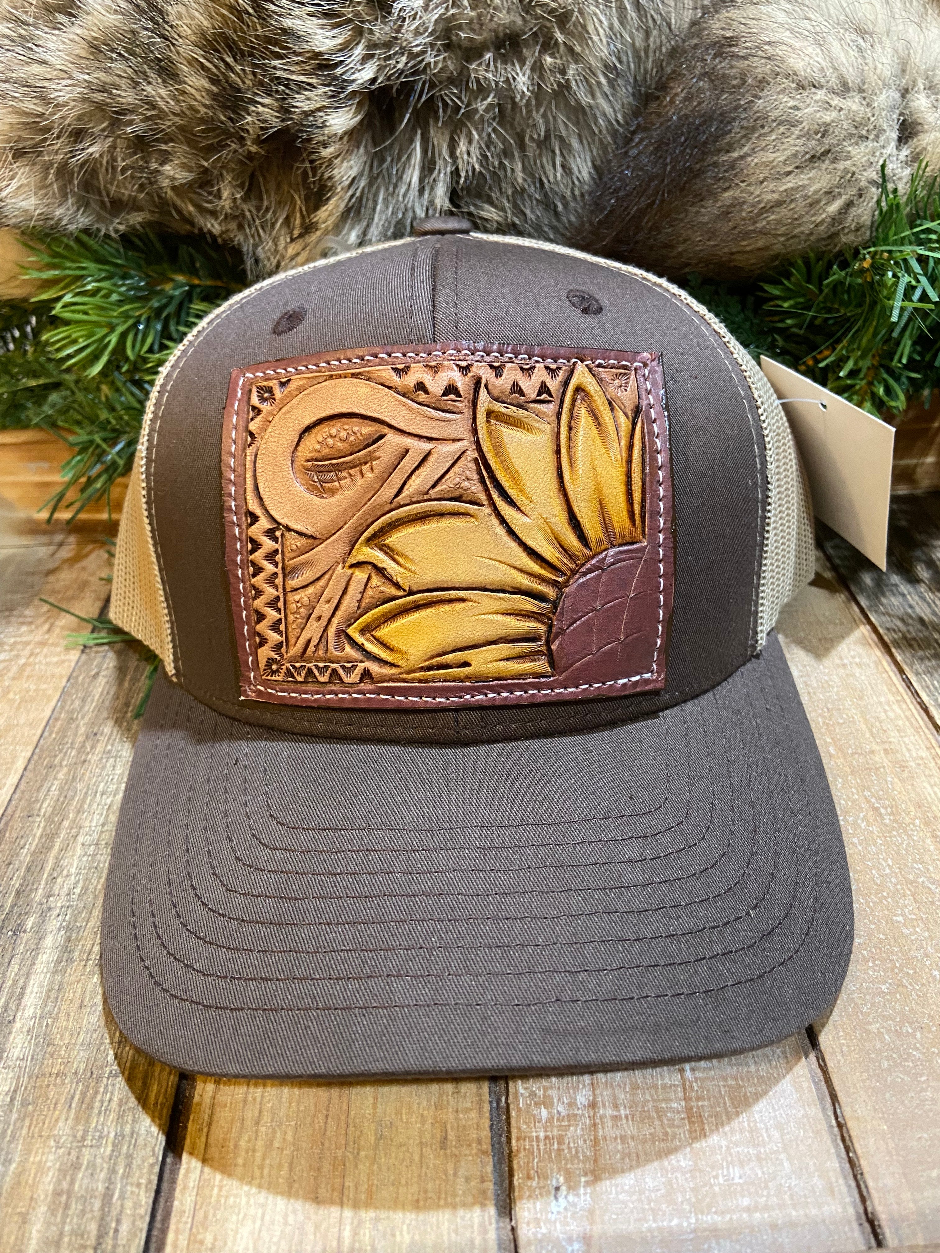 "Sunflower" Hand Tooled Leather Patch Cap