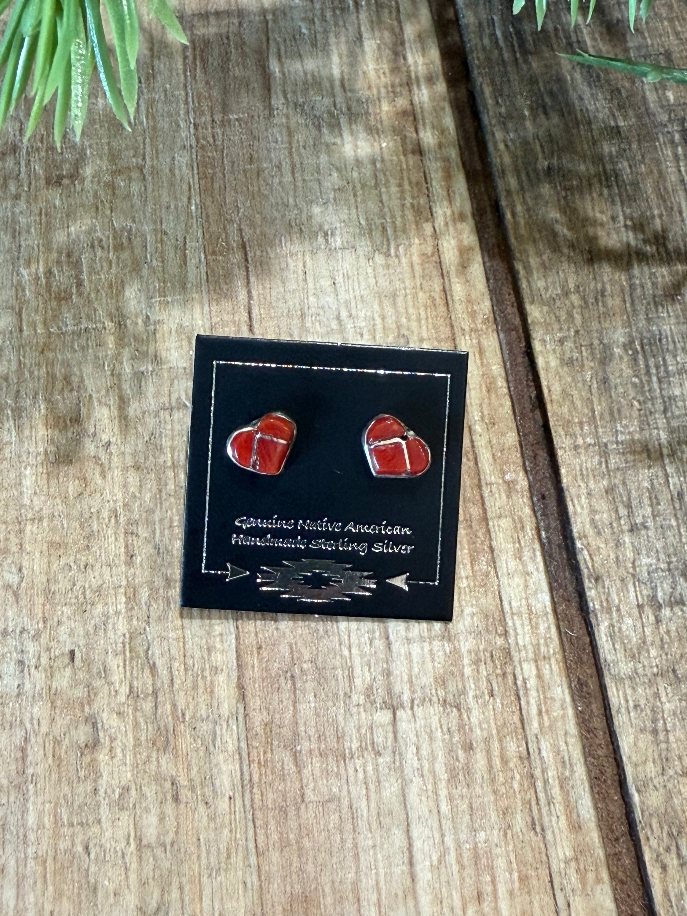 Coral Inlay Heart Stud Earrings