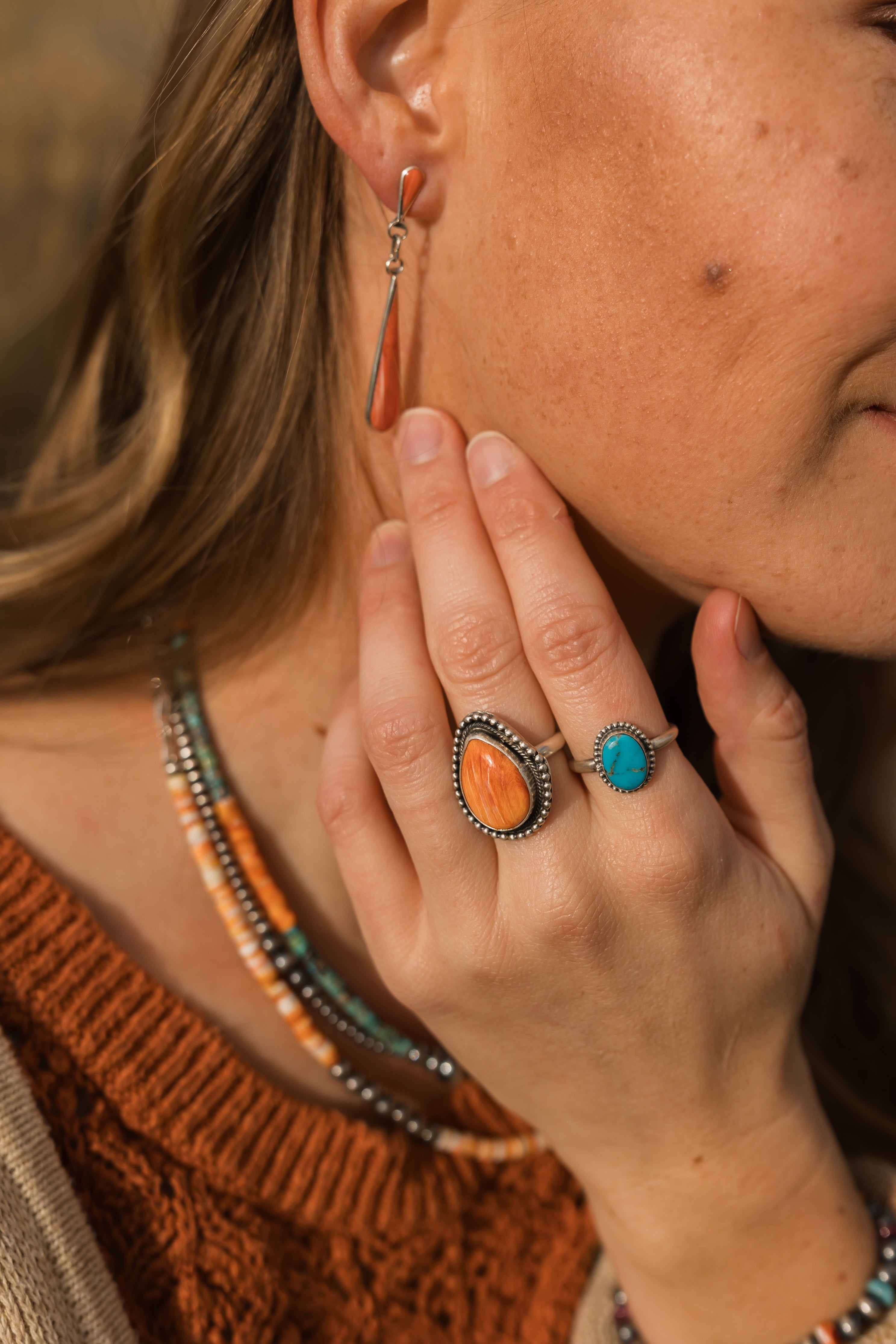 Turquoise/Orange Spiny Oyster Heishi & Sterling Silver Beaded Necklace