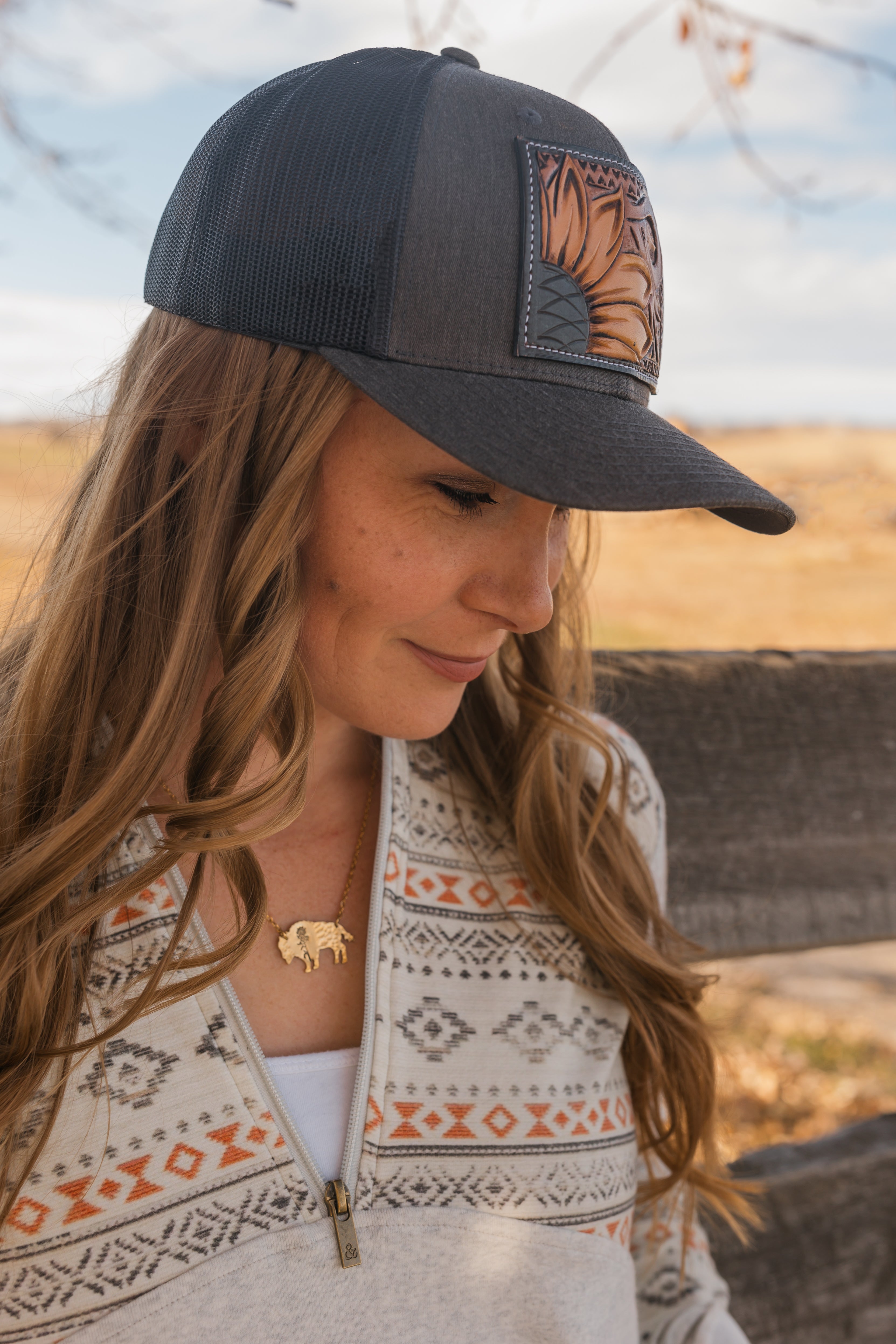 "Sunflower" Hand Tooled Leather Patch Cap