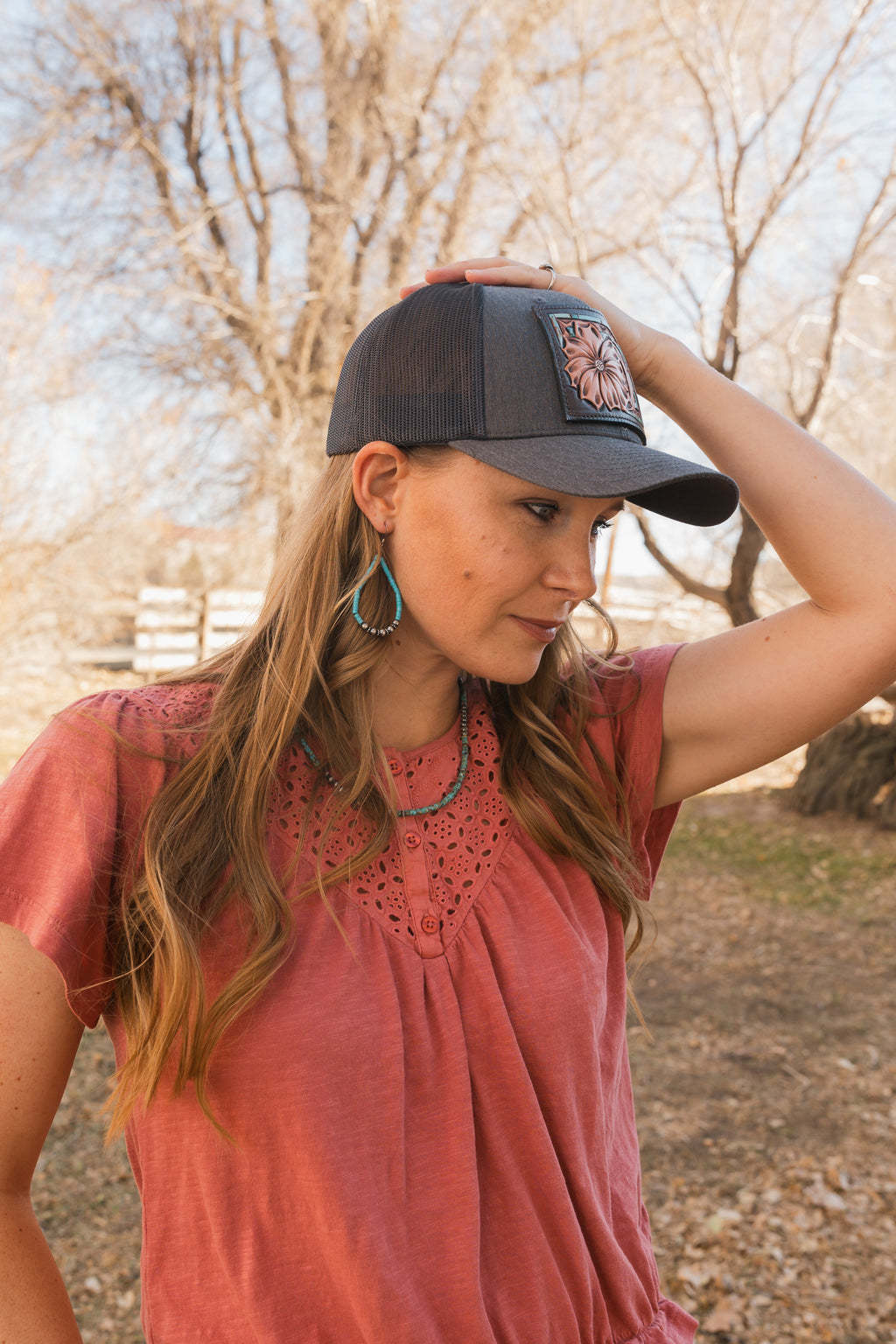 "Daisy" Hand Tooled Leather Patch Cap